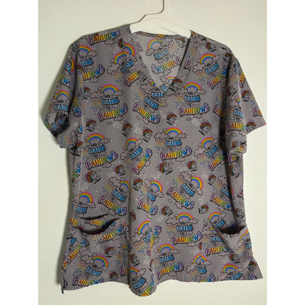 Rainbow Print‎ V-Neck Medical Scrub Top Grey 2X 500V-1700GR Short Sleeve Pockets